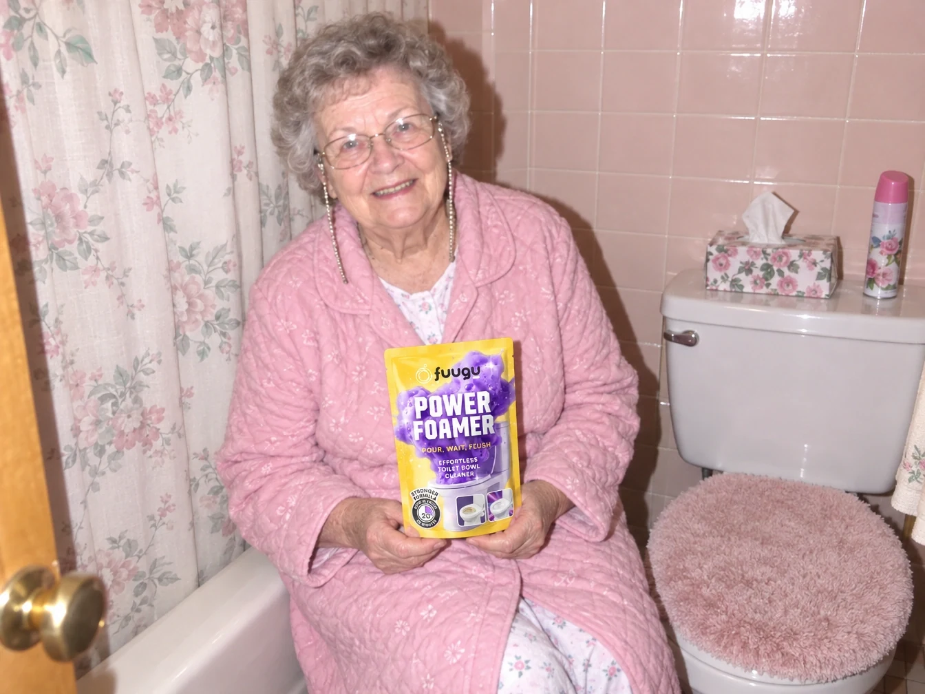 Older woman in a pink quilted housecoat sitting on the bathtub edge holding a Fuugu pouch in her pink-tiled bathroom