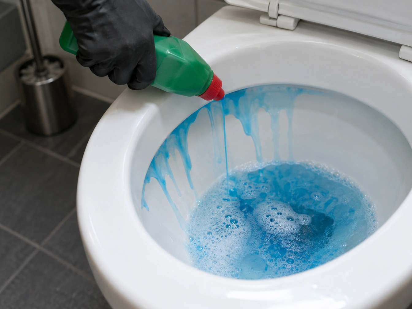 Blue gel cleaner being squeezed under a toilet rim and running straight down