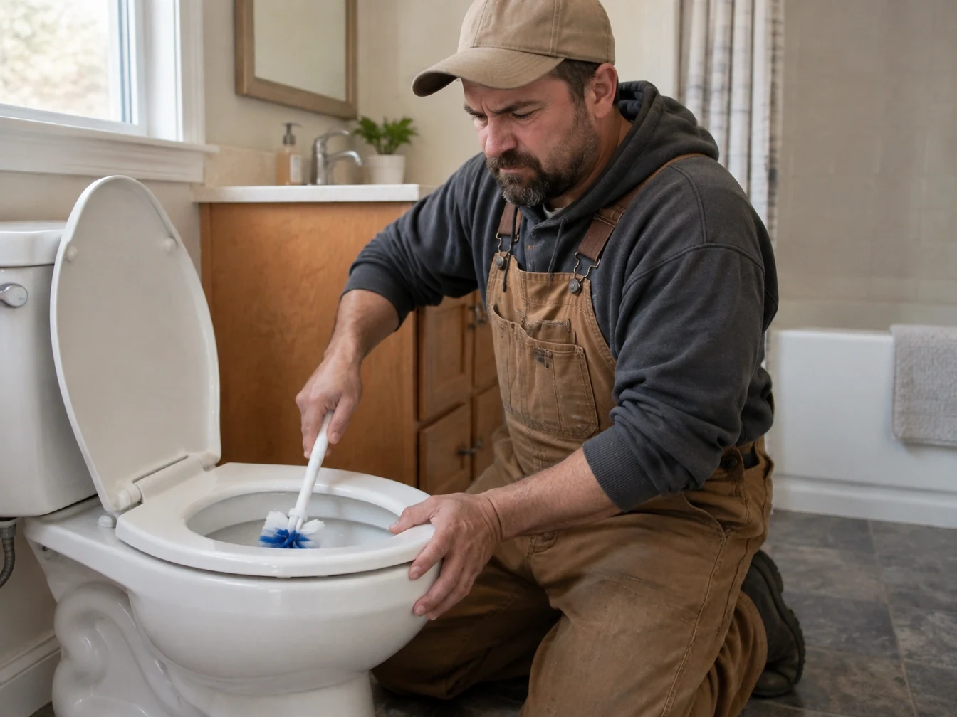 Plumber kneeling and scrubbing a toilet bowl with a brush